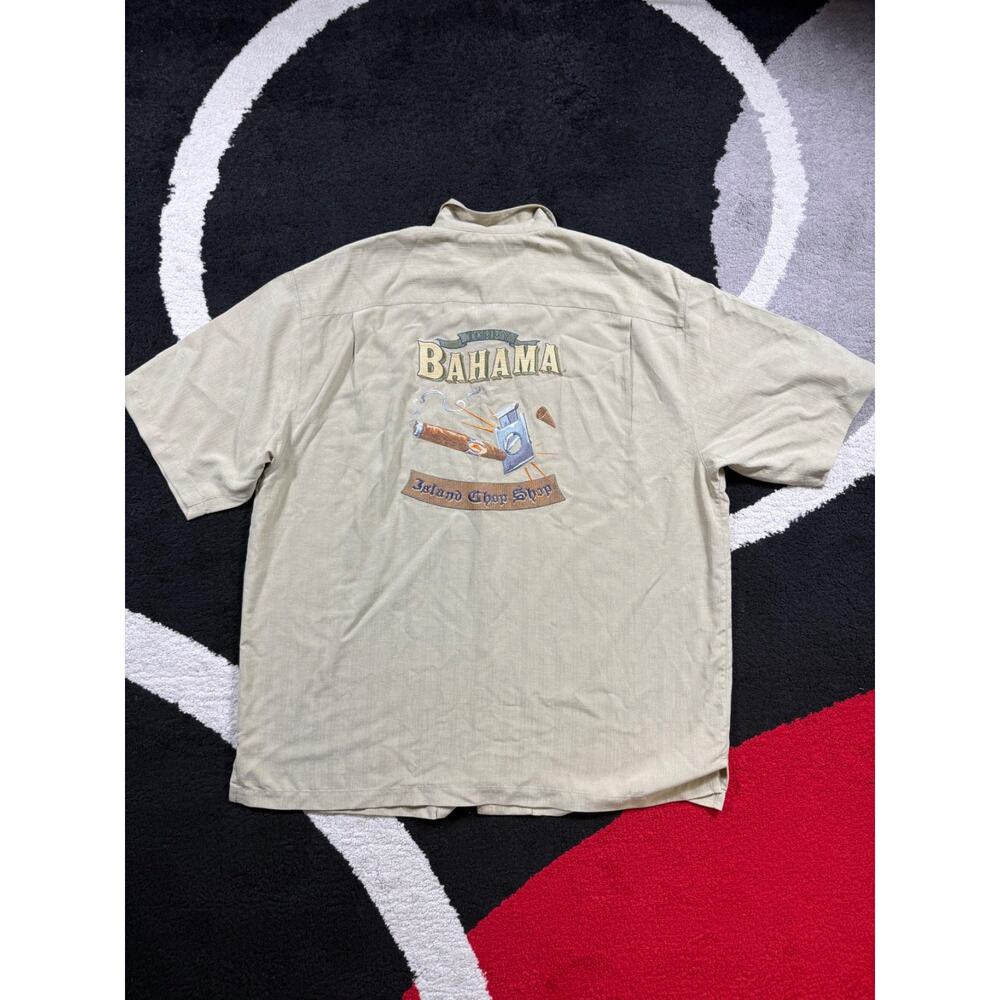 Tommy Bahama Shirt Mens Extra Large Brown Embroidered Island Chop Shop Shirt